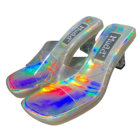Mudd Vintage Y2K Clear Holographic Square Toe Chunky Kitten Heels Size 8 - Picture 1 of 9